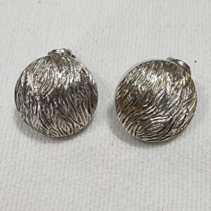 Monet Textured Silver Tone Dome Shape Button Clip On Earrings 1970s Vintage